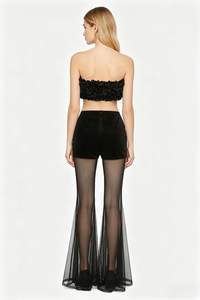 Strapless Floral Bustir Flare Tulle Trousers Set in Black