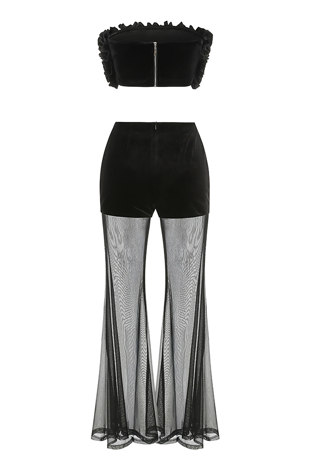 Strapless Floral Bustir Flare Tulle Trousers Set in Black