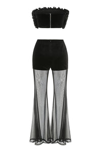 Strapless Floral Bustir Flare Tulle Trousers Set in Black