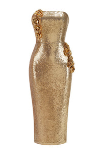 Strapless Floral Sequin Midi Dress