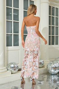 Strapless Flower Sequin-embellished Mesh Dress in Pink