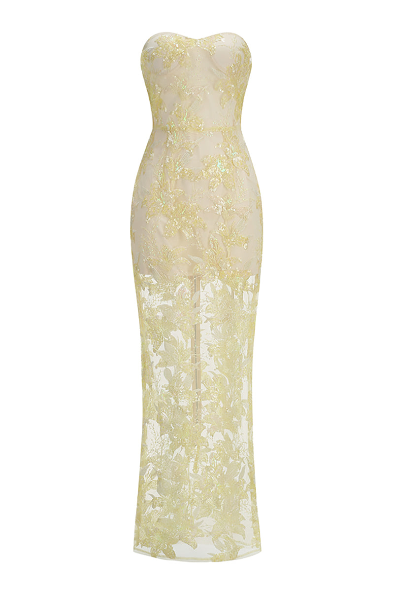 Strapless Flower Sequin Dahlia Maxi Dress in Yellow