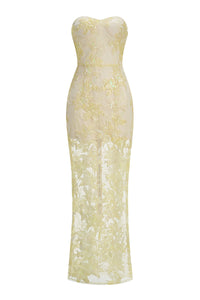 Strapless Flower Sequin Dahlia Maxi Dress in Yellow