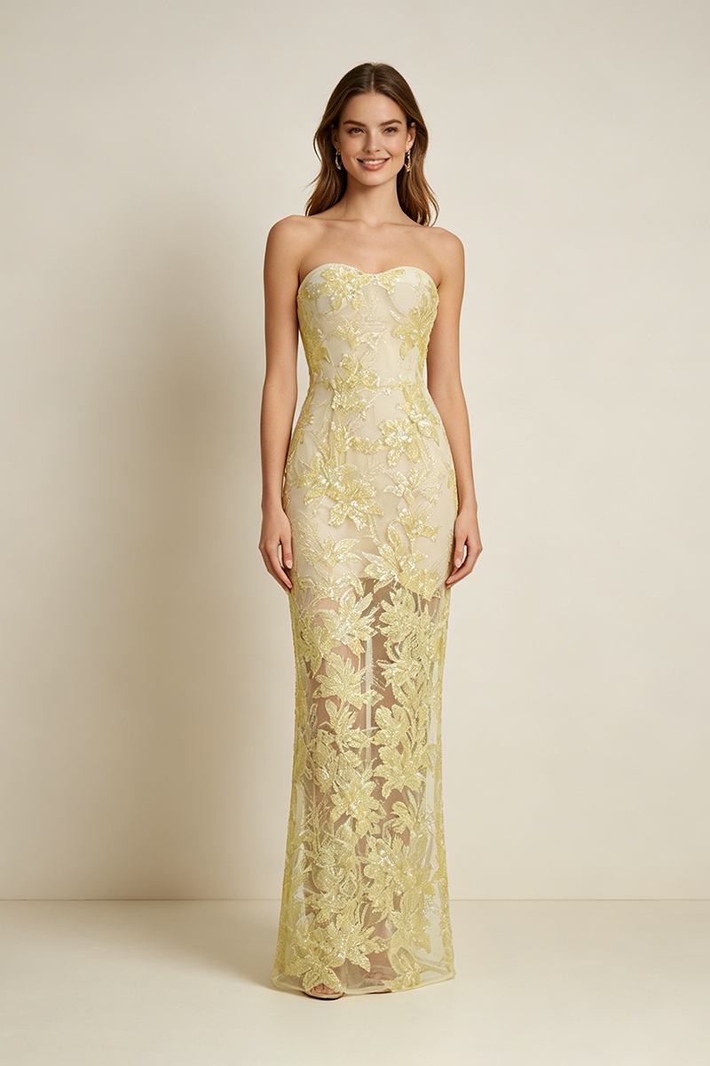 Strapless Flower Sequin Dahlia Maxi Dress in Yellow