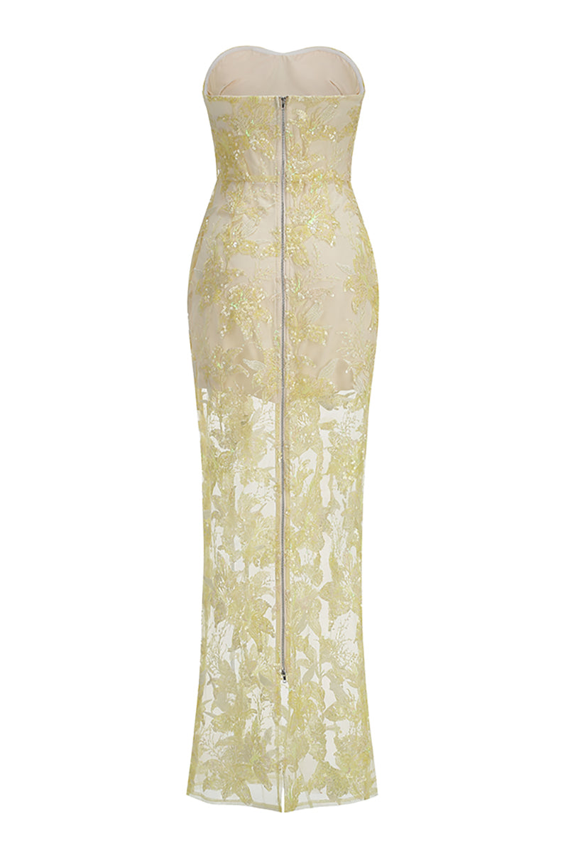 Strapless Flower Sequin Dahlia Maxi Dress in Yellow