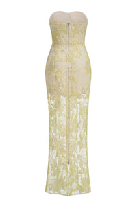 Strapless Flower Sequin Dahlia Maxi Dress in Yellow