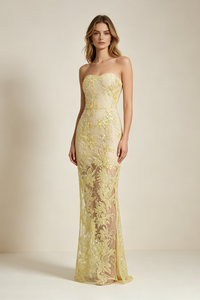 Strapless Flower Sequin Dahlia Maxi Dress in Yellow