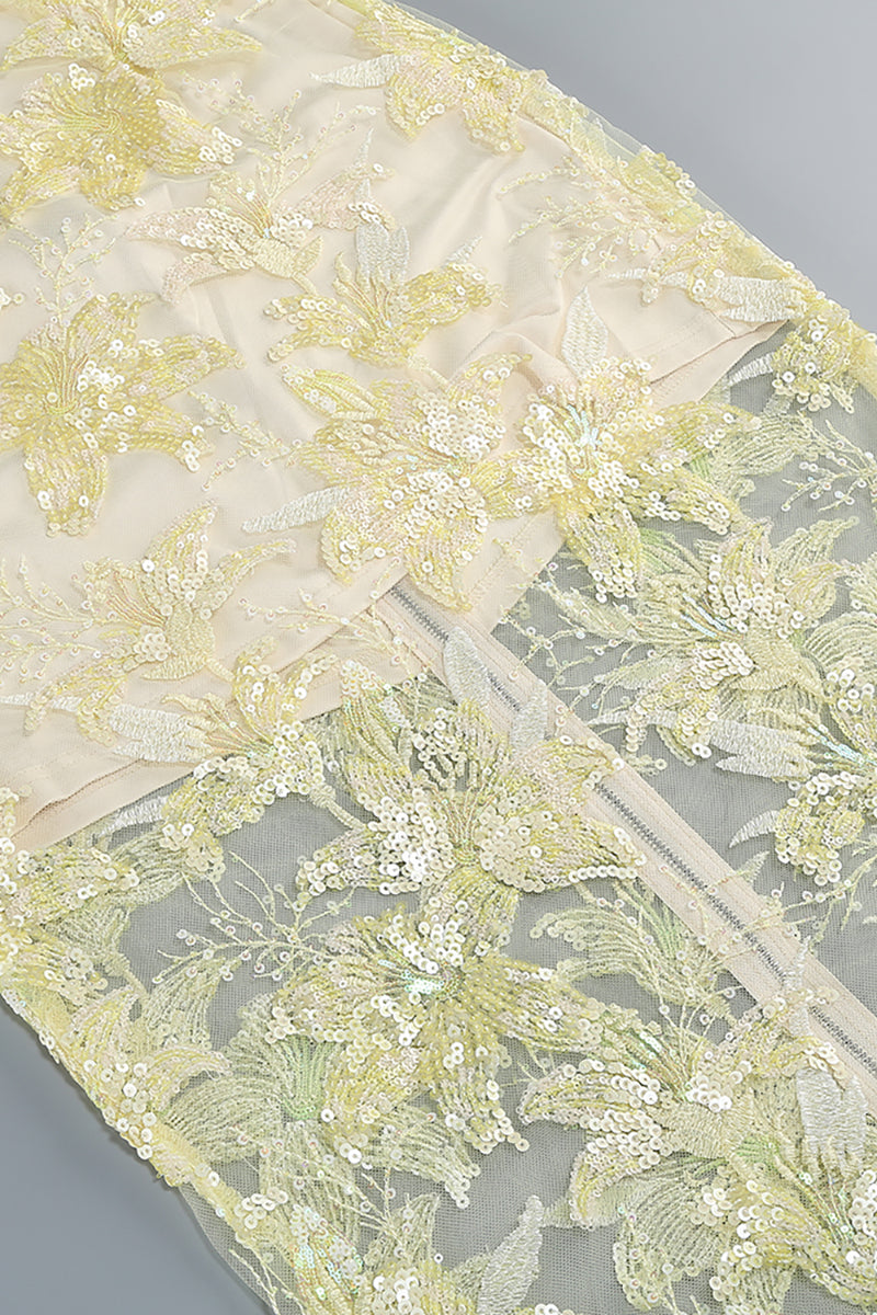 Strapless Flower Sequin Dahlia Maxi Dress in Yellow