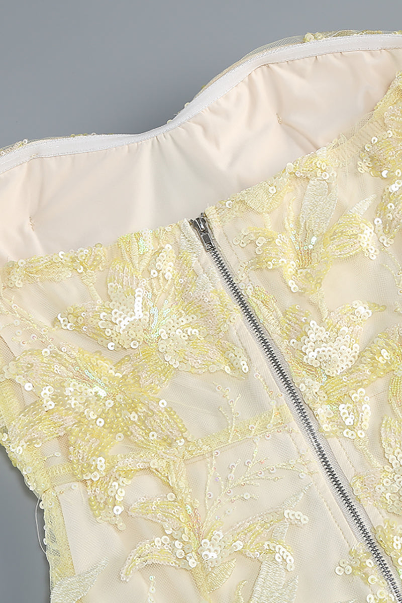 Strapless Flower Sequin Dahlia Maxi Dress in Yellow