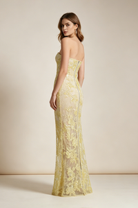 Strapless Flower Sequin Dahlia Maxi Dress in Yellow