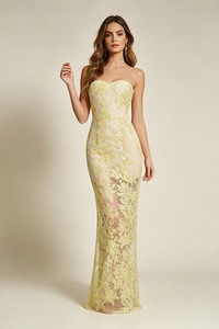 Strapless Flower Sequin Dahlia Maxi Dress in Yellow