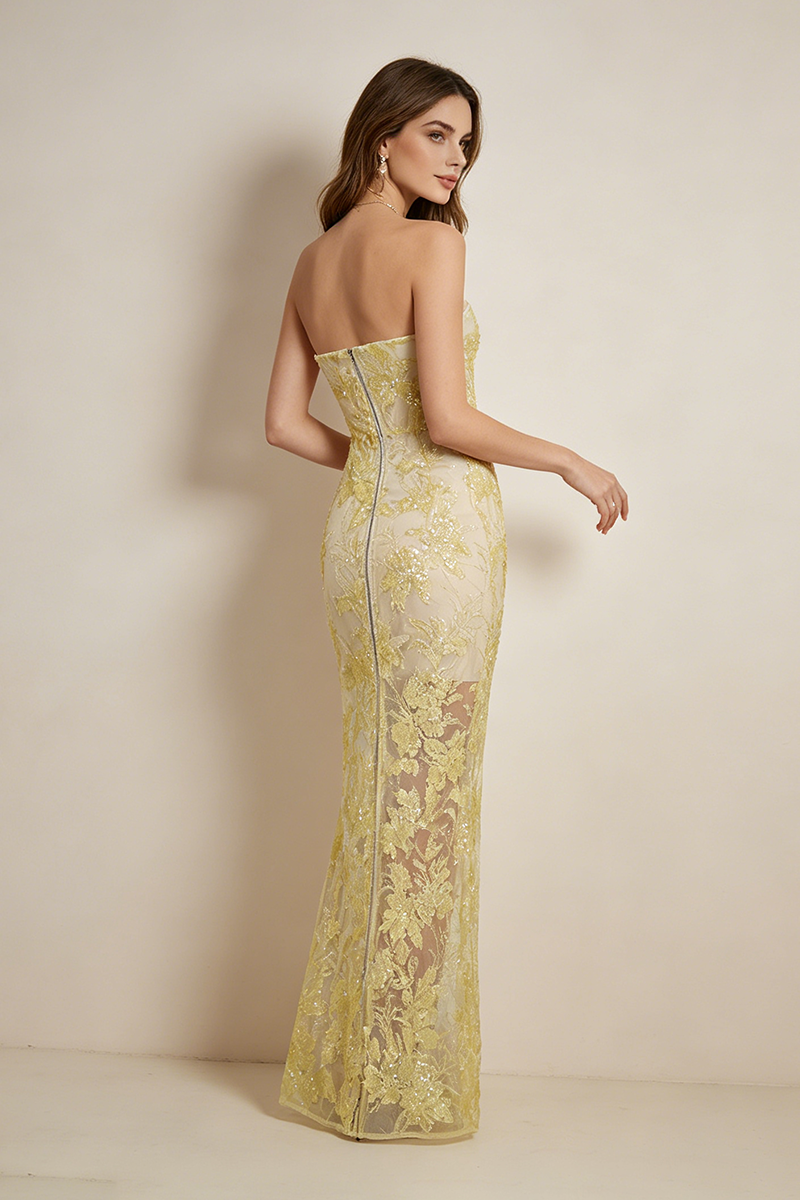 Strapless Flower Sequin Dahlia Maxi Dress in Yellow