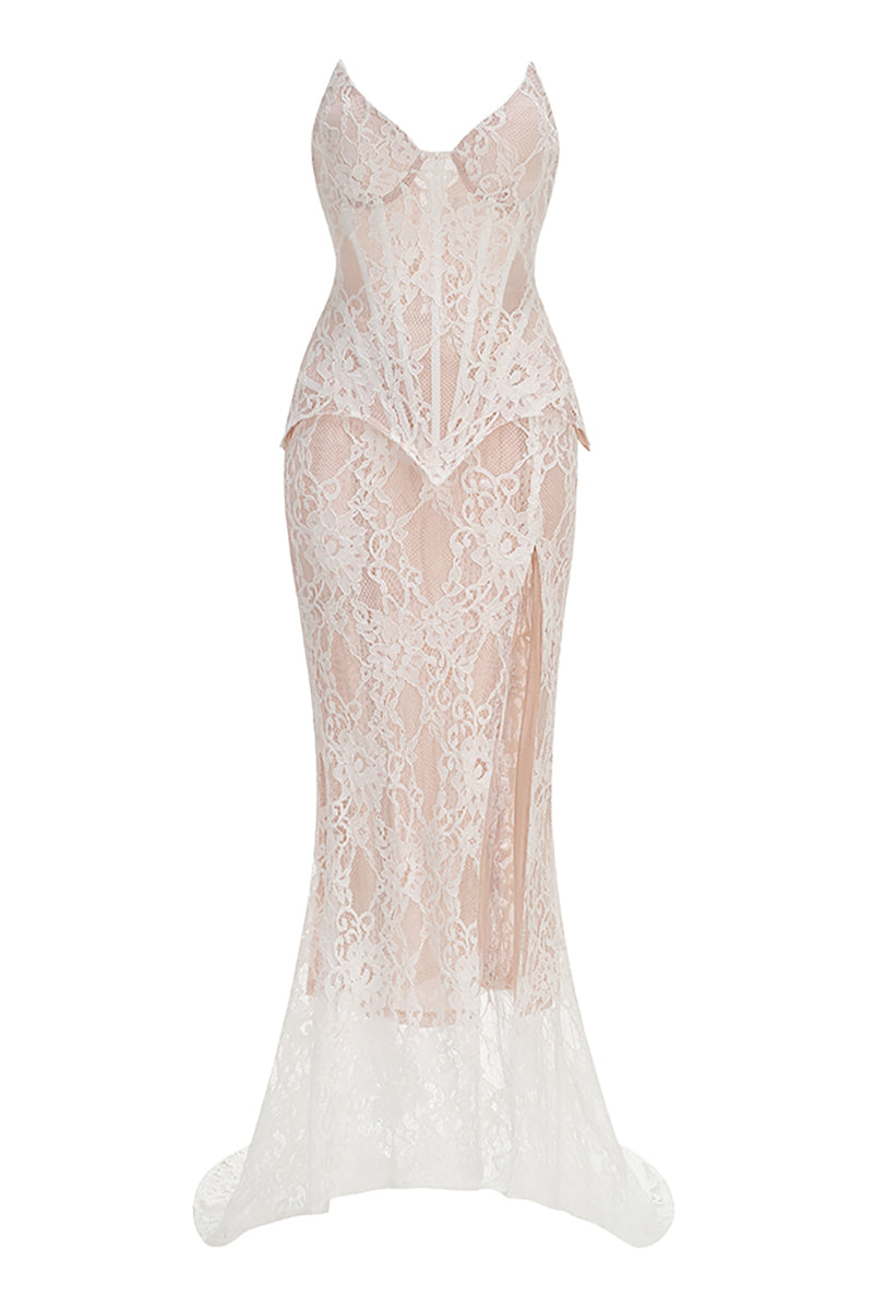 Strapless Lace Corset Two Piece Dress in White