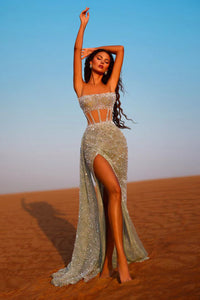 Strapless Pearl Sparkle Highly Slit Gown