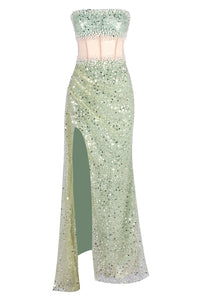 Strapless Pearl Sparkle Highly Slit Gown