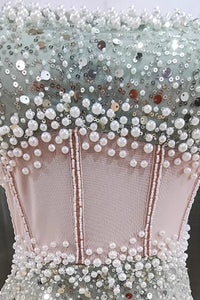 Strapless Pearl Sparkle Highly Slit Gown