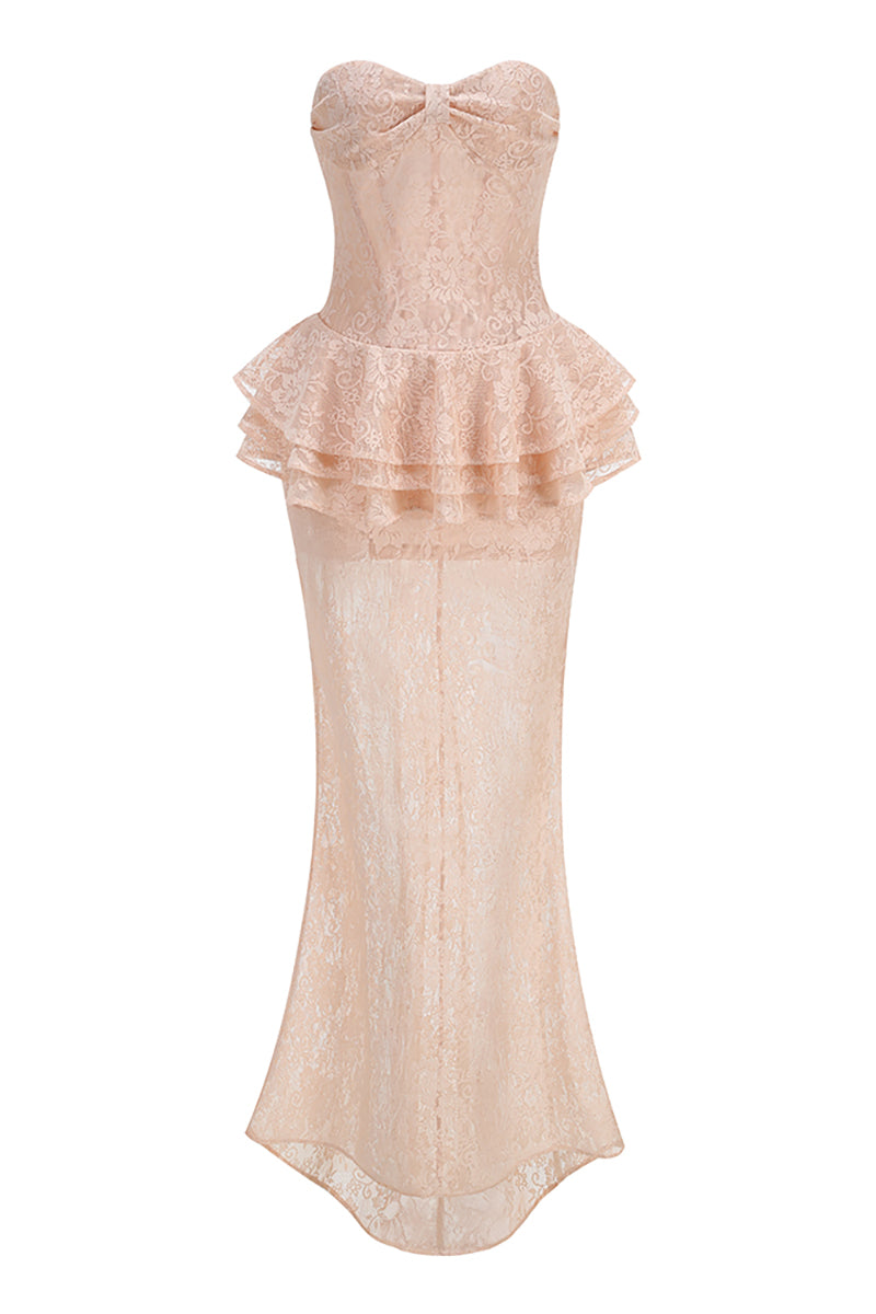 Strapless Peplum Maxi Dress in Nude