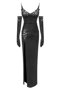 Strapless Rhinestone Slit Gown With Gloves