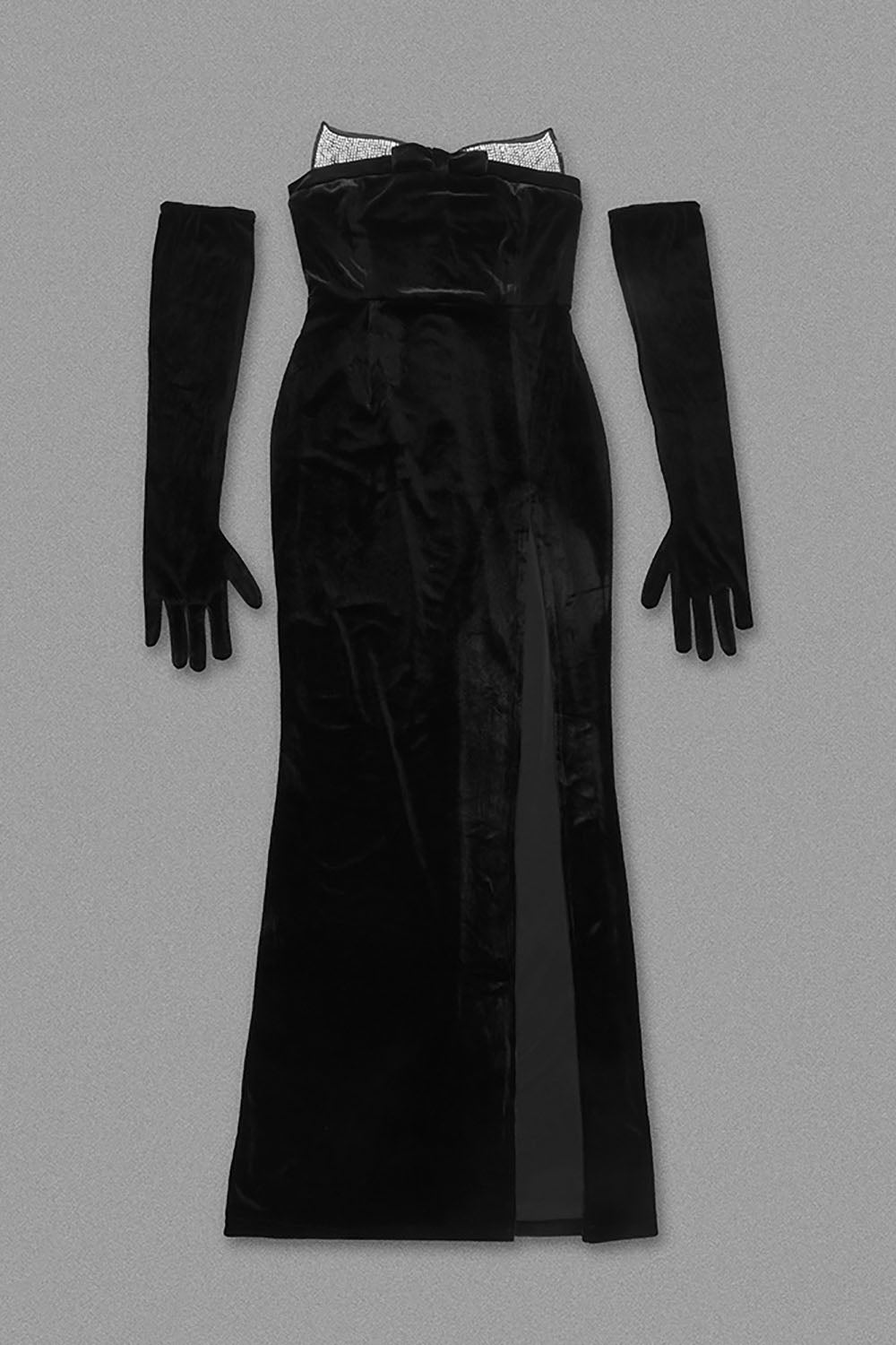 Strapless Rhinestone Velvet Noire Seduction Long Dress