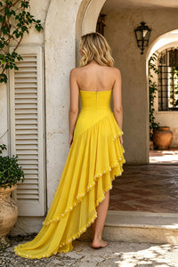Strapless Ruffle Asymmetrical Maxi Dress in Yellow