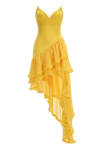 Strapless Ruffle Asymmetrical Maxi Dress in Yellow