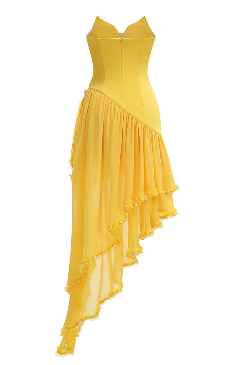 Strapless Ruffle Asymmetrical Maxi Dress in Yellow