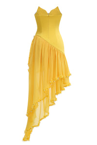 Strapless Ruffle Asymmetrical Maxi Dress in Yellow