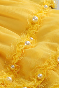 Strapless Ruffle Asymmetrical Maxi Dress in Yellow