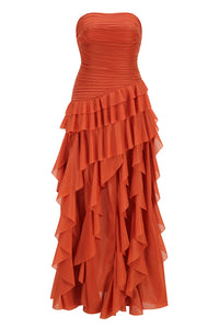 Strapless Ruffled Corset Maxi Dress in Orange