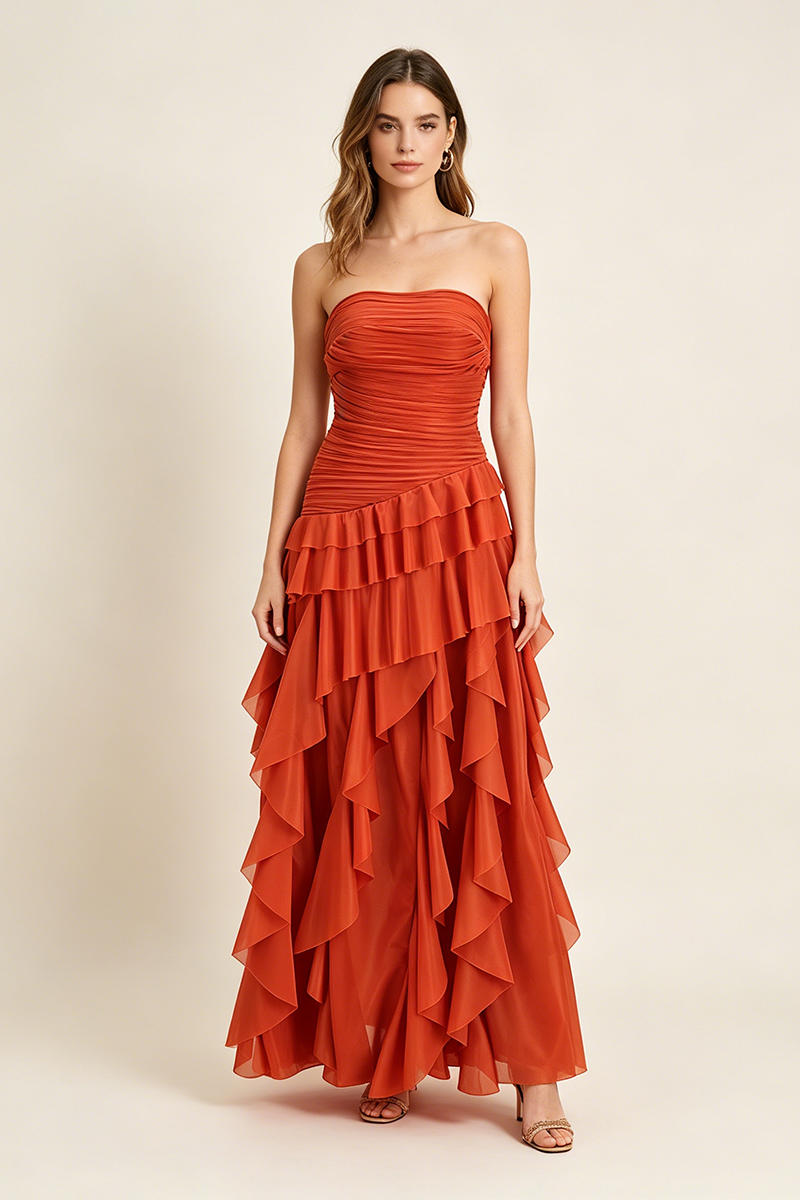Strapless Ruffled Corset Maxi Dress in Orange