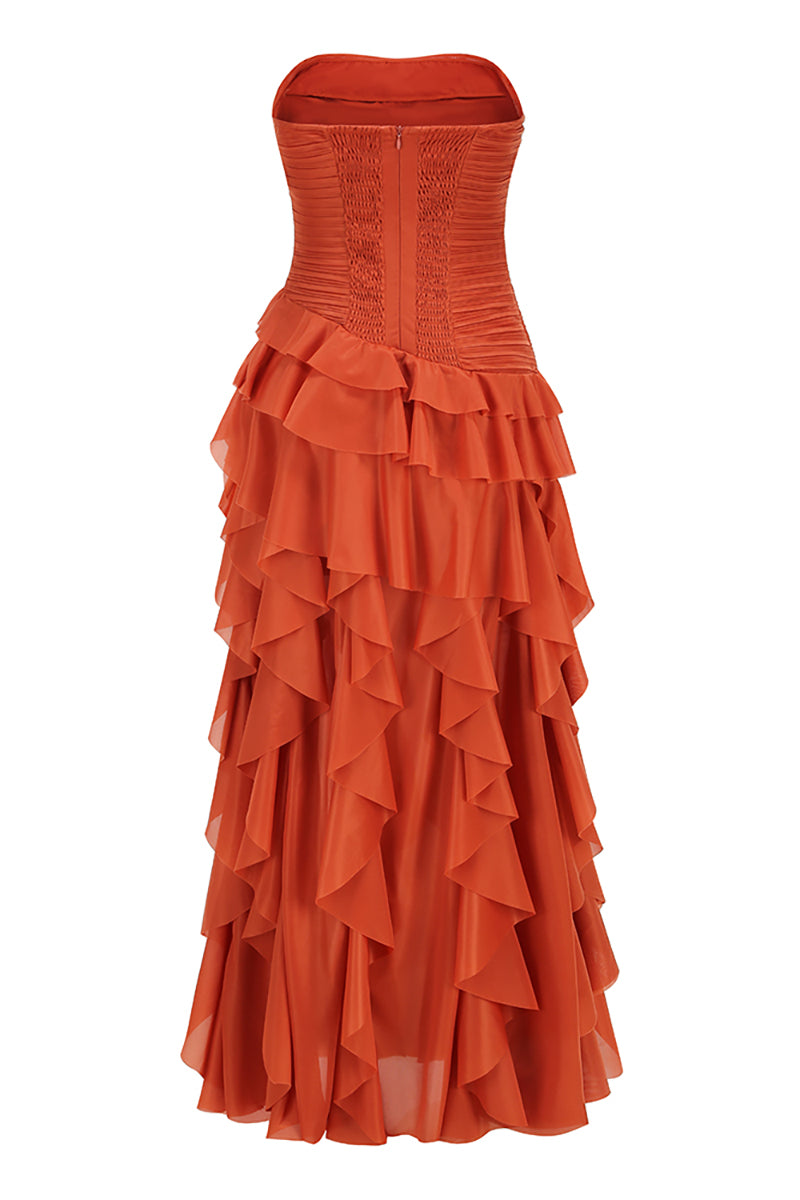 Strapless Ruffled Corset Maxi Dress in Orange