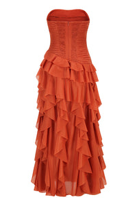 Strapless Ruffled Corset Maxi Dress in Orange