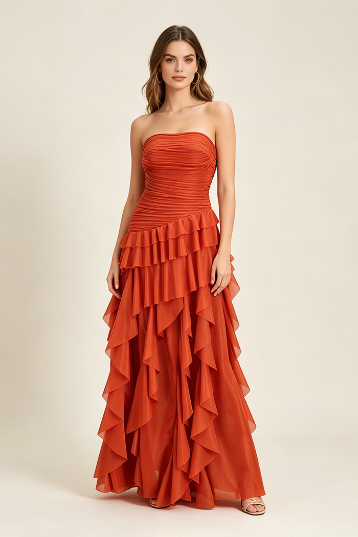 Strapless Ruffled Corset Maxi Dress in Orange CHICIDA Strapless Ruffled Corset Maxi Dress in Orange CHICIDA