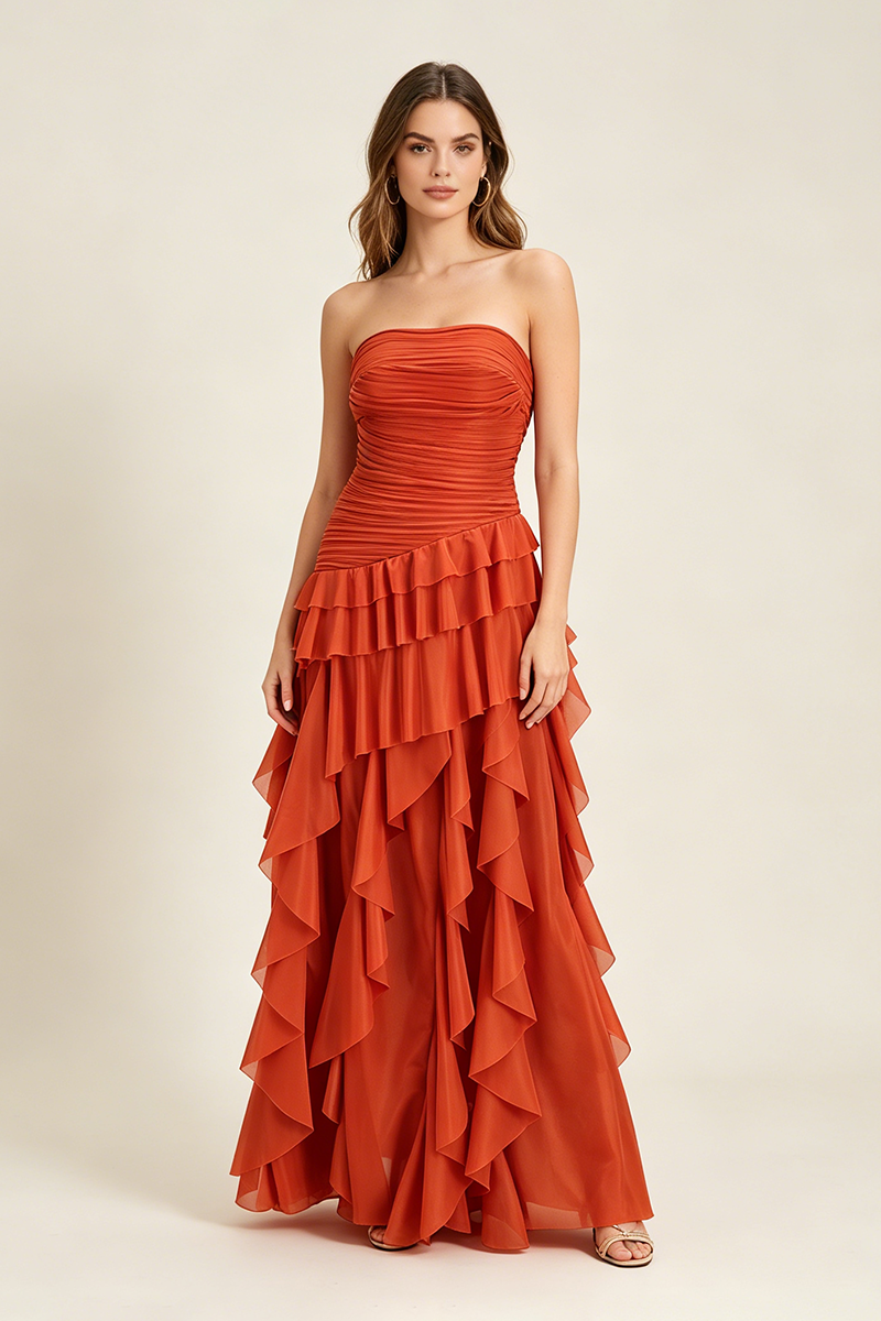 Strapless Ruffled Corset Maxi Dress in Orange
