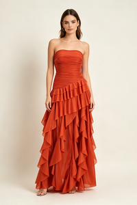 Strapless Ruffled Corset Maxi Dress in Orange