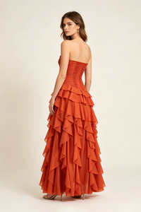 Strapless Ruffled Corset Maxi Dress in Orange