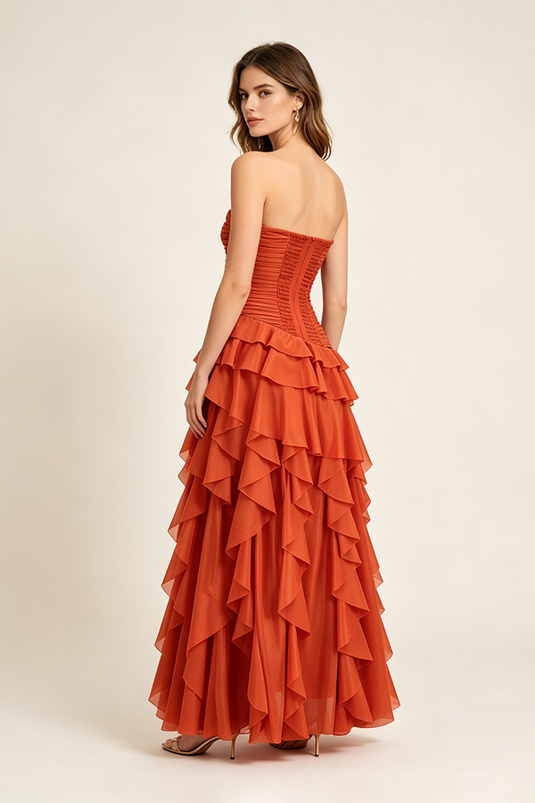 Strapless Ruffled Corset Maxi Dress in Orange