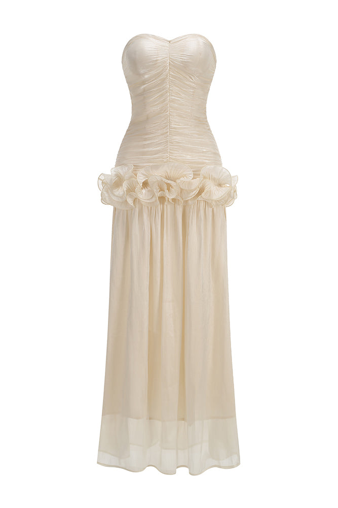 Strapless Ruffled Pleated Maxi Dress