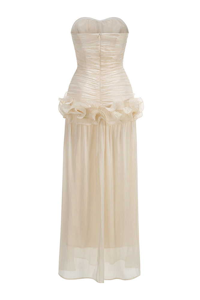 Strapless Ruffled Pleated Maxi Dress