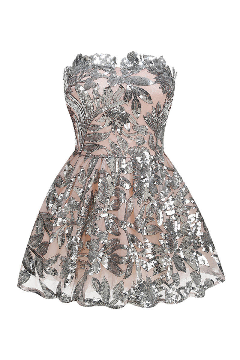 Strapless Seqiun Floral-embroidered Mini Dress in Silver