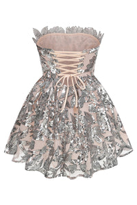 Strapless Seqiun Floral-embroidered Mini Dress in Silver