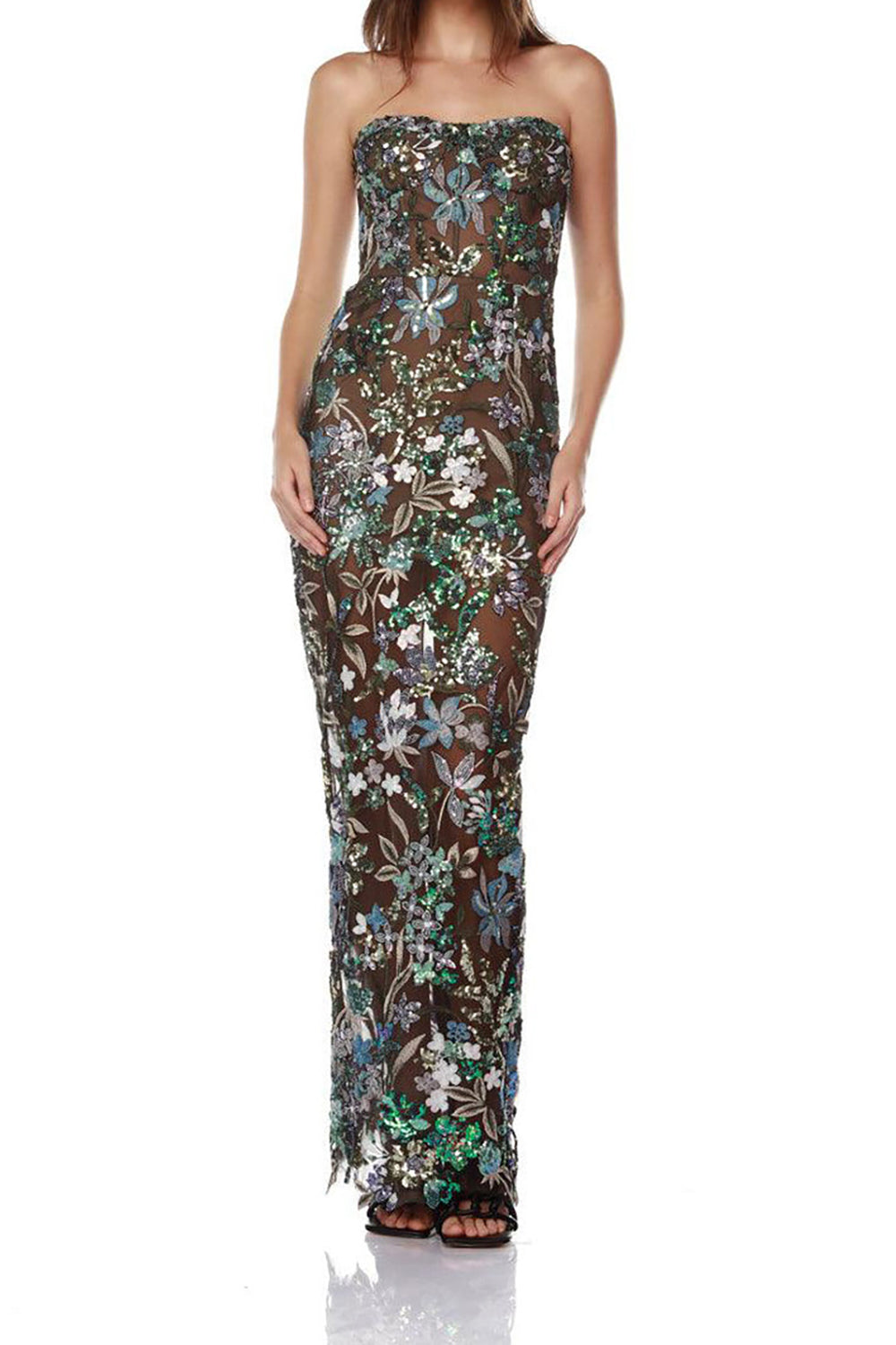 Strapless Sequin Floral-Embroidered Maxi Dress