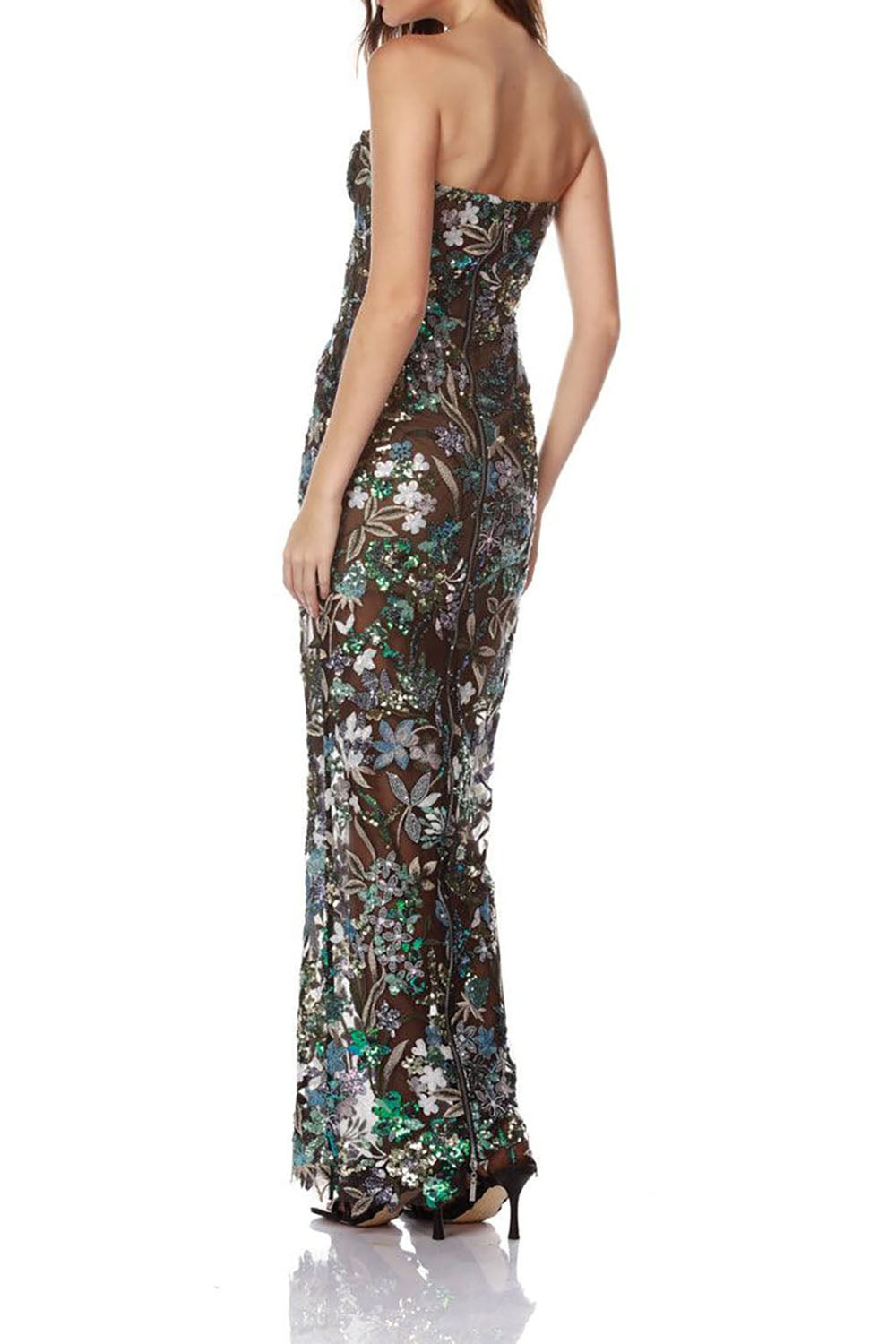 Strapless Sequin Floral-Embroidered Maxi Dress