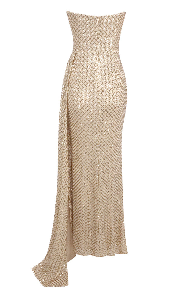 Strapless Sequin Mesh Gown