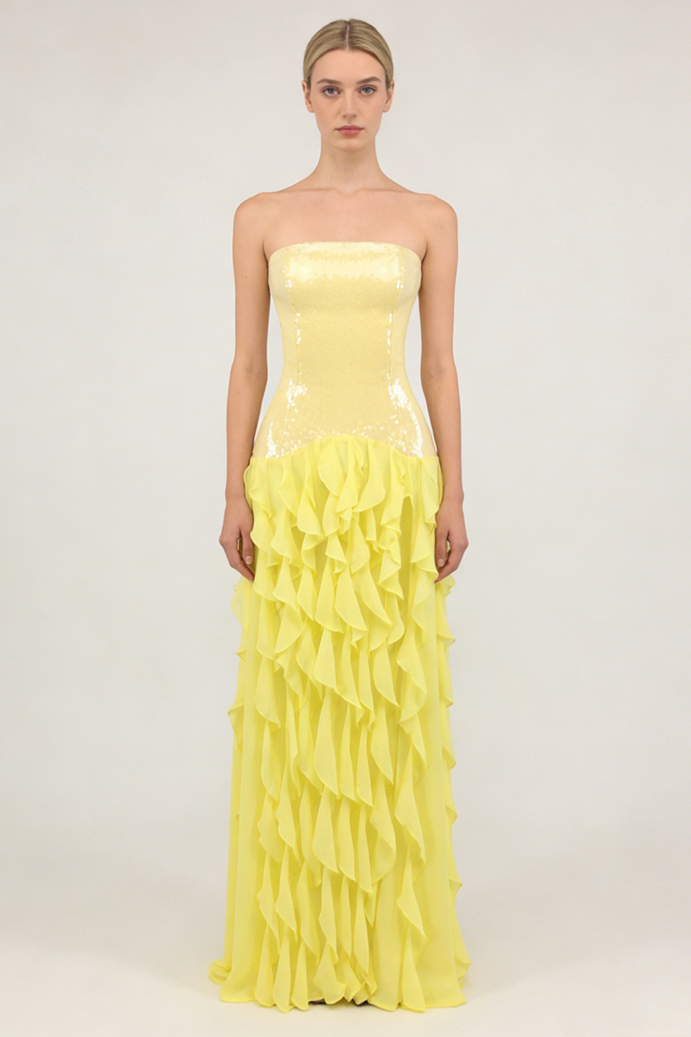 Strapless Sequin Ruffle Maxi Dress