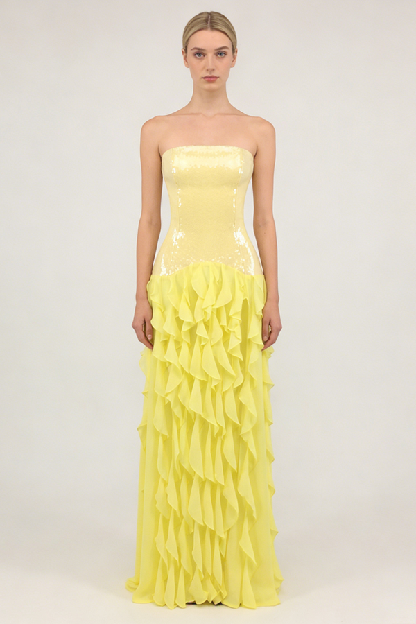Strapless Sequin Ruffle Maxi Dress