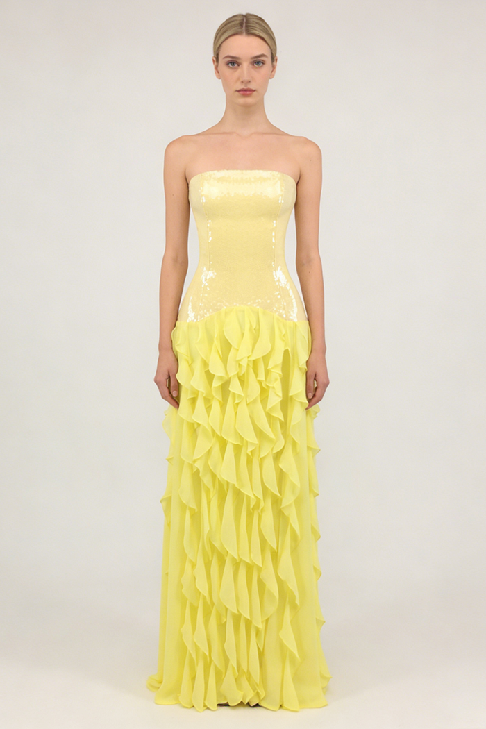 Strapless Sequin Ruffle Maxi Dress