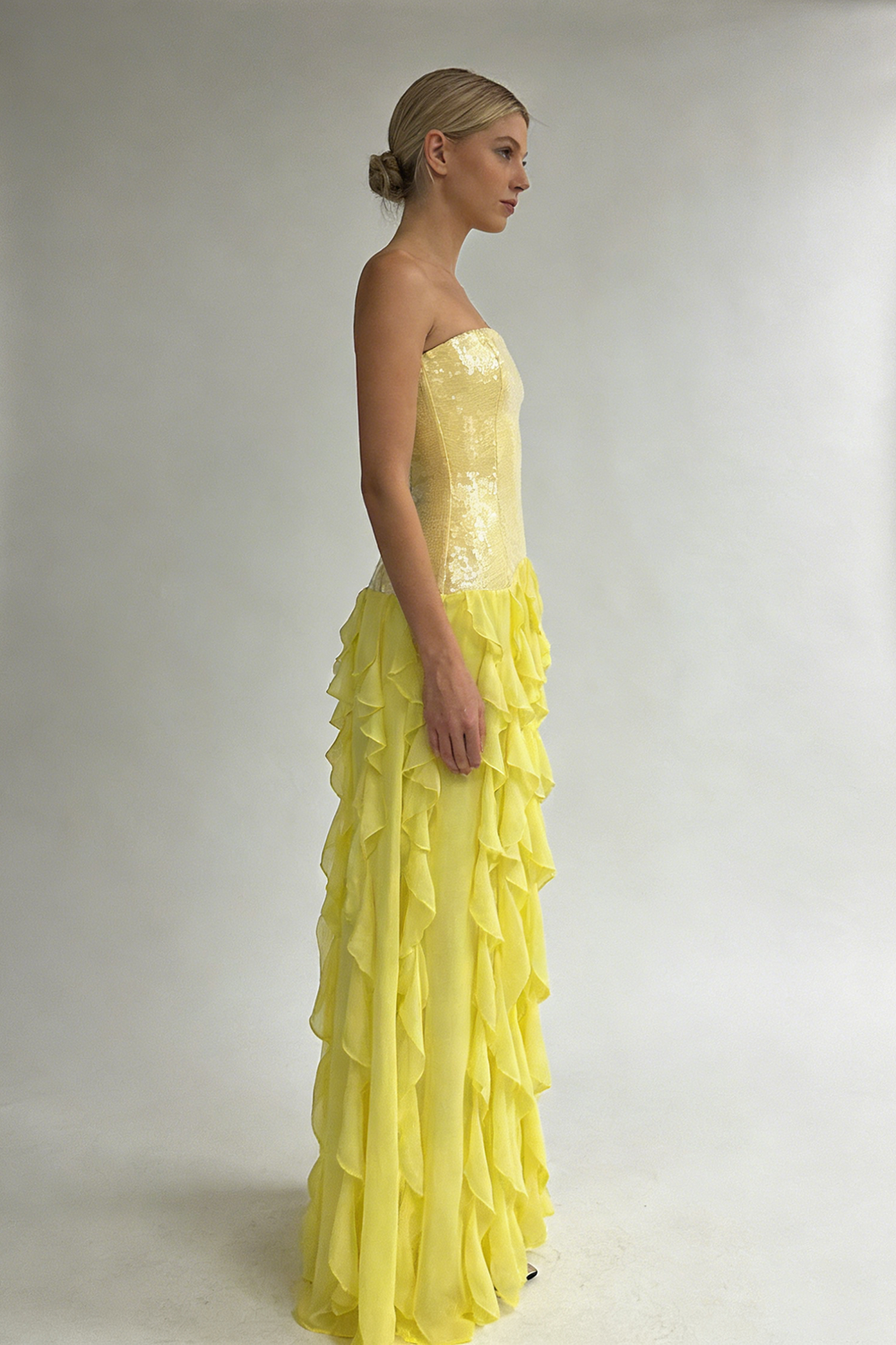 Strapless Sequin Ruffle Maxi Dress