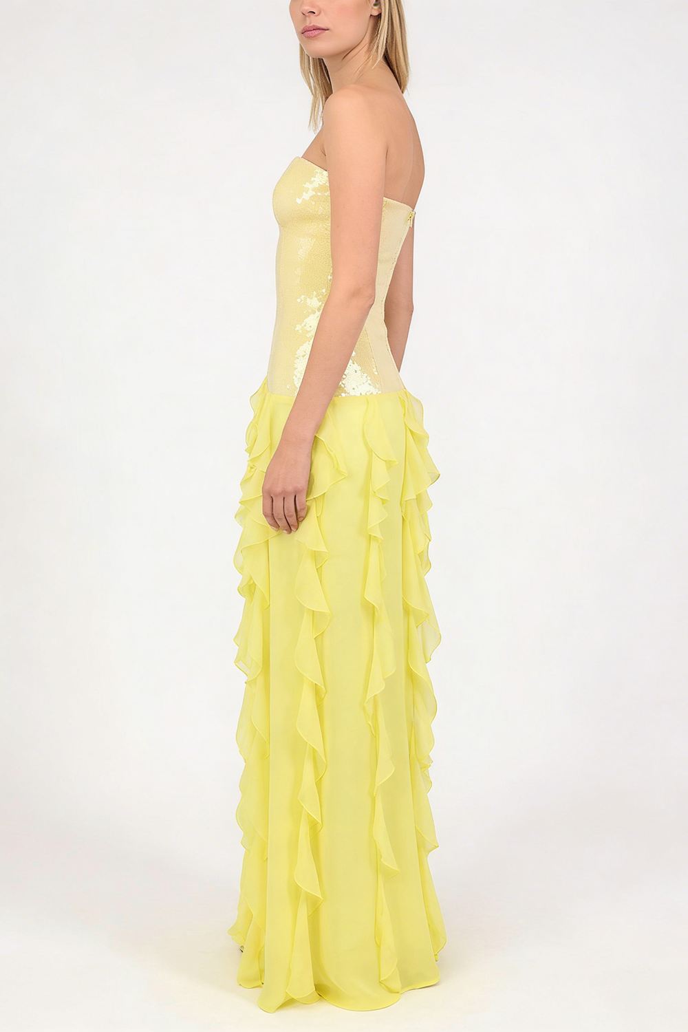 Strapless Sequin Ruffle Maxi Dress