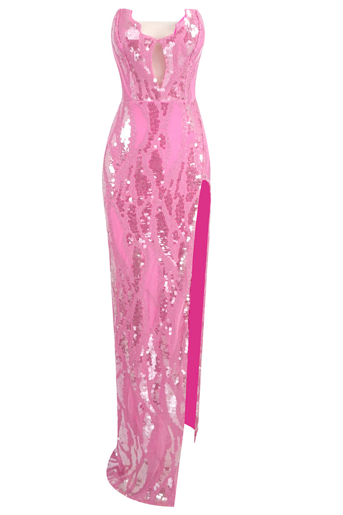 Strapless Sequin Slit Gown